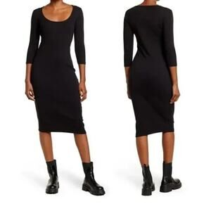 James Perse Long Sleeve Cotton Black Ribbed  Midi Dress Size 2 / Small